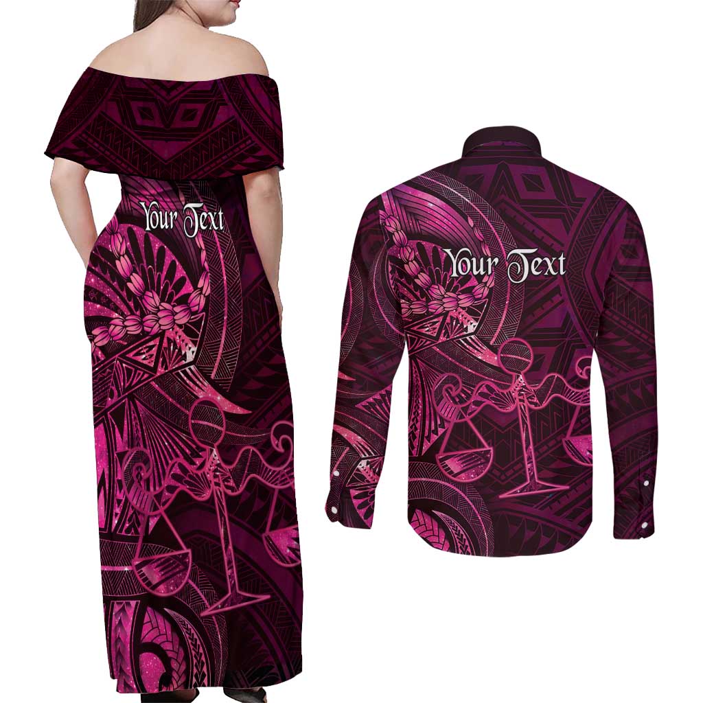Personalised Polynesia Zodiac Libra Couples Matching Off Shoulder Maxi Dress and Long Sleeve Button Shirt Galaxy Polynesian Pattern Chest Tattoo Style LT14 - Polynesian Pride