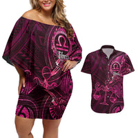 Personalised Polynesia Zodiac Libra Couples Matching Off Shoulder Short Dress and Hawaiian Shirt Galaxy Polynesian Pattern Chest Tattoo Style LT14 Pink - Polynesian Pride