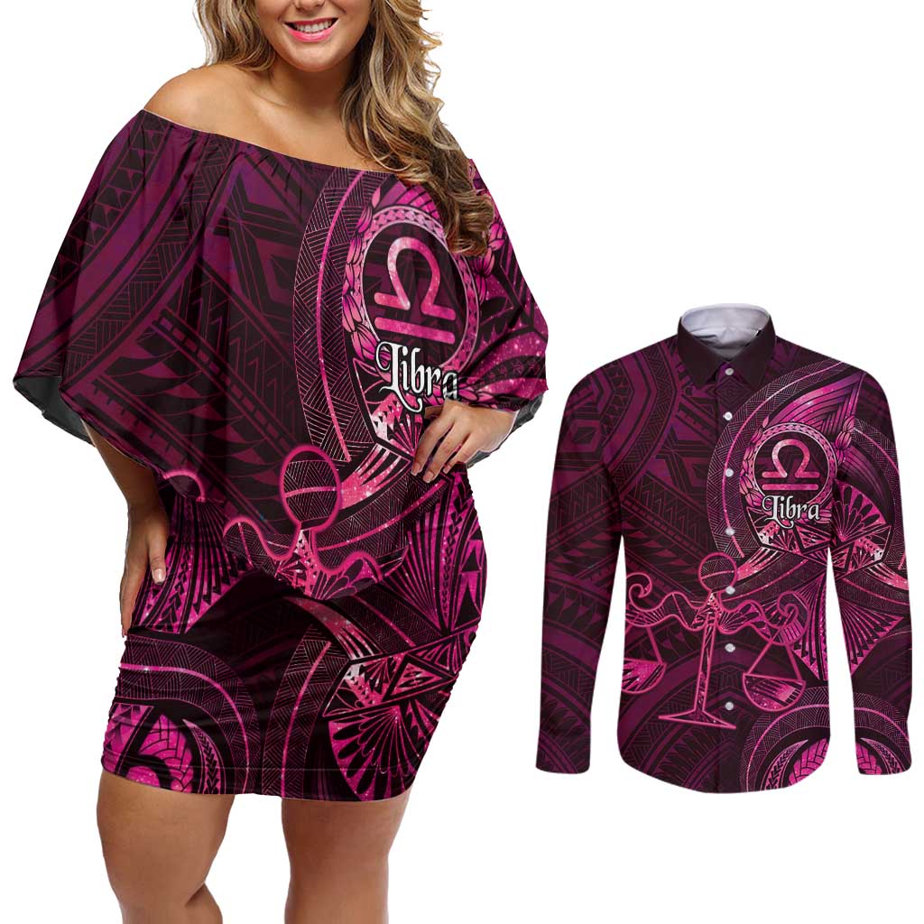 Personalised Polynesia Zodiac Libra Couples Matching Off Shoulder Short Dress and Long Sleeve Button Shirt Galaxy Polynesian Pattern Chest Tattoo Style LT14 Pink - Polynesian Pride