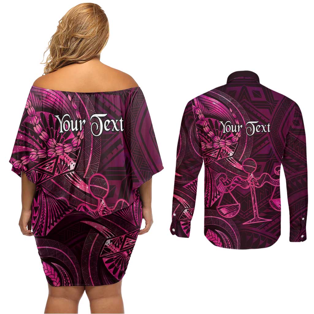 Personalised Polynesia Zodiac Libra Couples Matching Off Shoulder Short Dress and Long Sleeve Button Shirt Galaxy Polynesian Pattern Chest Tattoo Style LT14 - Polynesian Pride