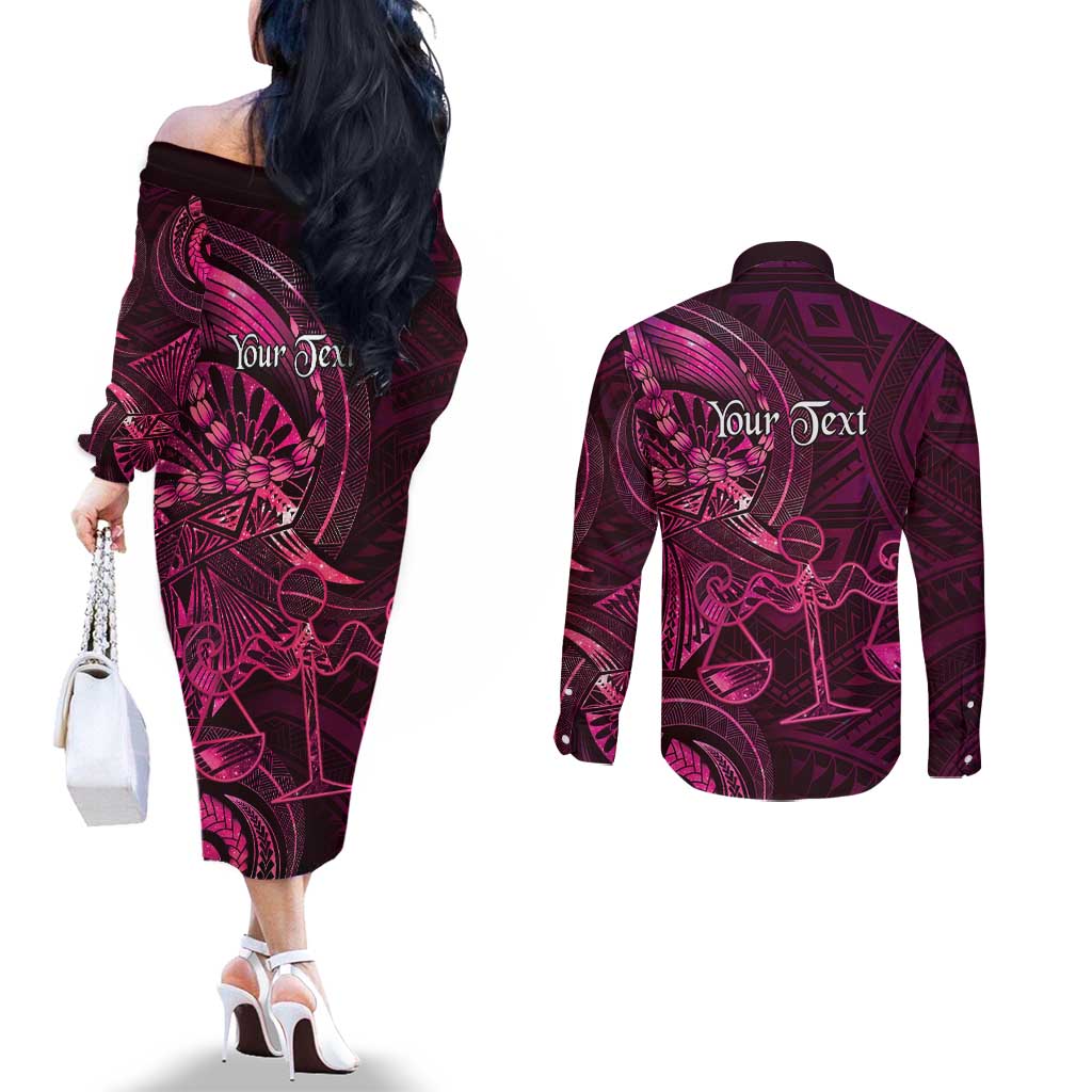 Personalised Polynesia Zodiac Libra Couples Matching Off The Shoulder Long Sleeve Dress and Long Sleeve Button Shirt Galaxy Polynesian Pattern Chest Tattoo Style LT14 - Polynesian Pride