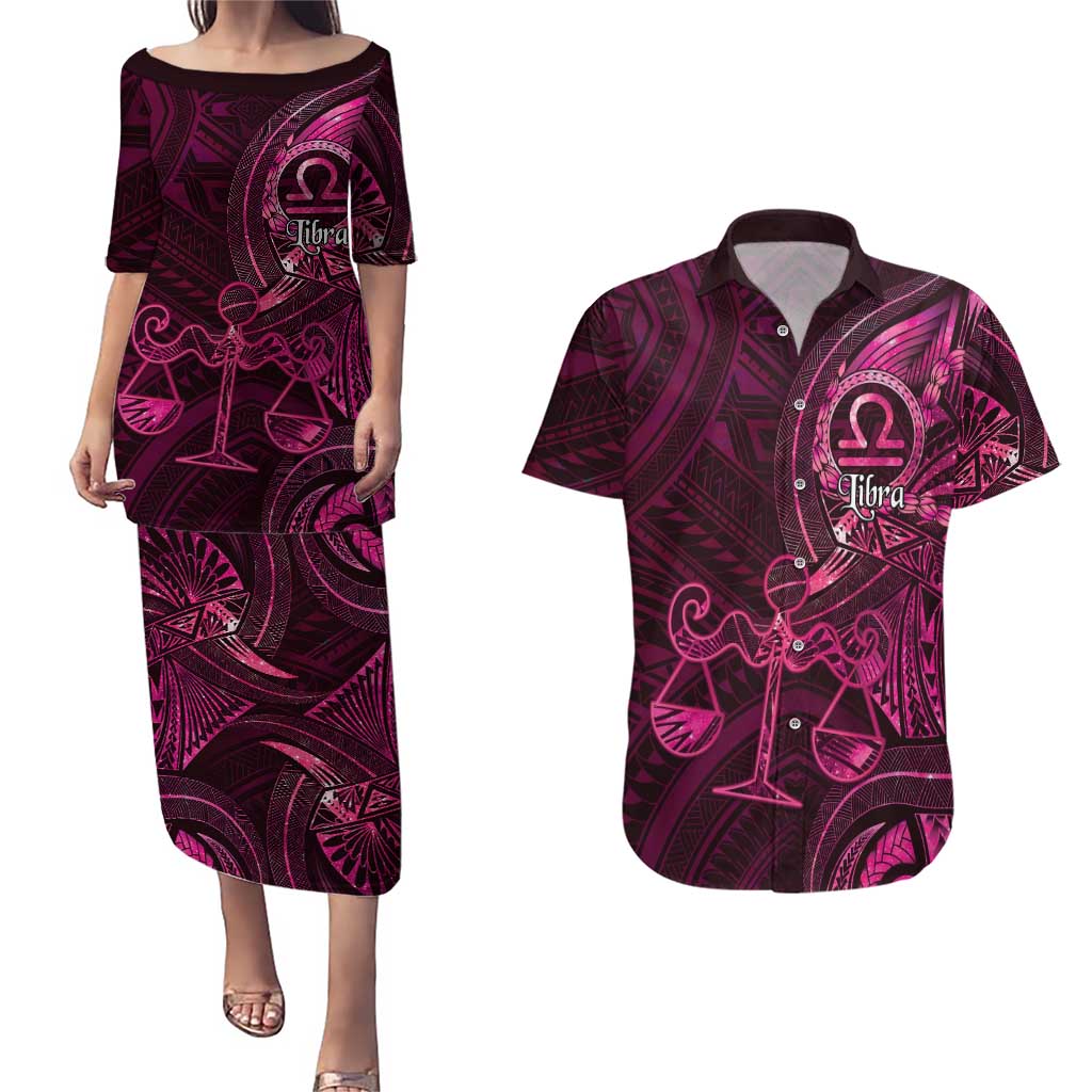 Personalised Polynesia Zodiac Libra Couples Matching Puletasi and Hawaiian Shirt Galaxy Polynesian Pattern Chest Tattoo Style LT14 Pink - Polynesian Pride