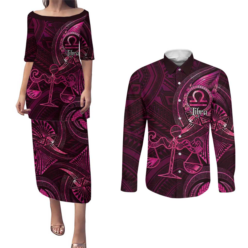 Personalised Polynesia Zodiac Libra Couples Matching Puletasi and Long Sleeve Button Shirt Galaxy Polynesian Pattern Chest Tattoo Style LT14 Pink - Polynesian Pride