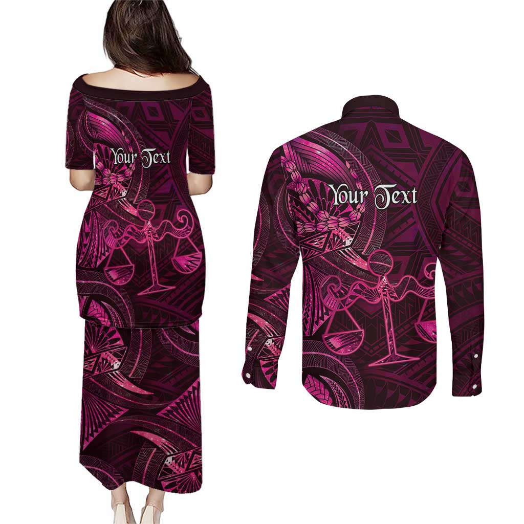 Personalised Polynesia Zodiac Libra Couples Matching Puletasi and Long Sleeve Button Shirt Galaxy Polynesian Pattern Chest Tattoo Style LT14 - Polynesian Pride