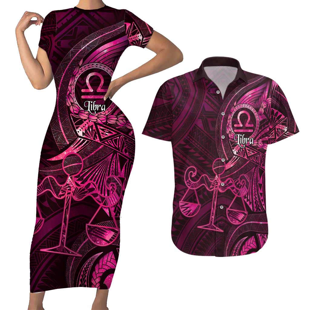 Personalised Polynesia Zodiac Libra Couples Matching Short Sleeve Bodycon Dress and Hawaiian Shirt Galaxy Polynesian Pattern Chest Tattoo Style LT14 Pink - Polynesian Pride