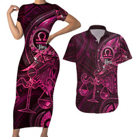 Personalised Polynesia Zodiac Libra Couples Matching Short Sleeve Bodycon Dress and Hawaiian Shirt Galaxy Polynesian Pattern Chest Tattoo Style LT14 Pink - Polynesian Pride