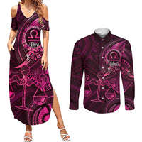 Personalised Polynesia Zodiac Libra Couples Matching Summer Maxi Dress and Long Sleeve Button Shirt Galaxy Polynesian Pattern Chest Tattoo Style LT14 Pink - Polynesian Pride