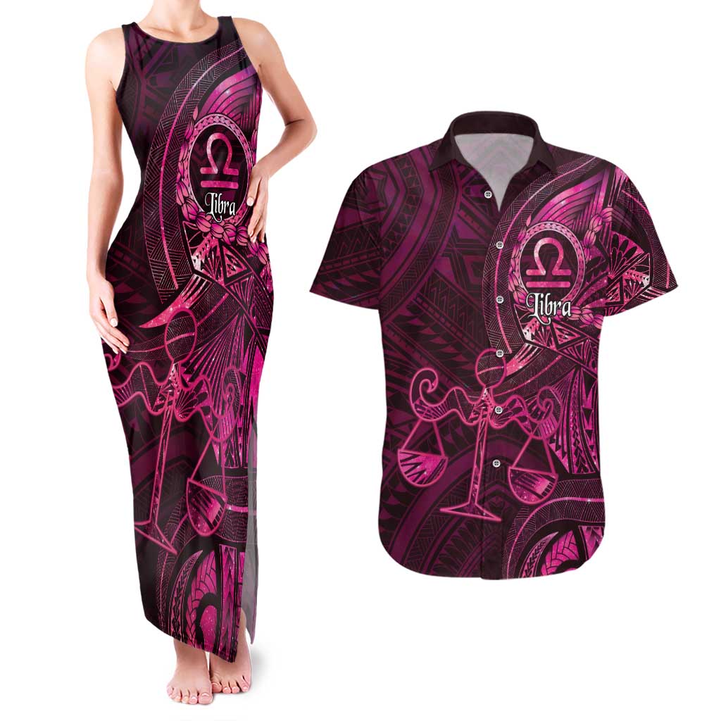 Personalised Polynesia Zodiac Libra Couples Matching Tank Maxi Dress and Hawaiian Shirt Galaxy Polynesian Pattern Chest Tattoo Style LT14 Pink - Polynesian Pride