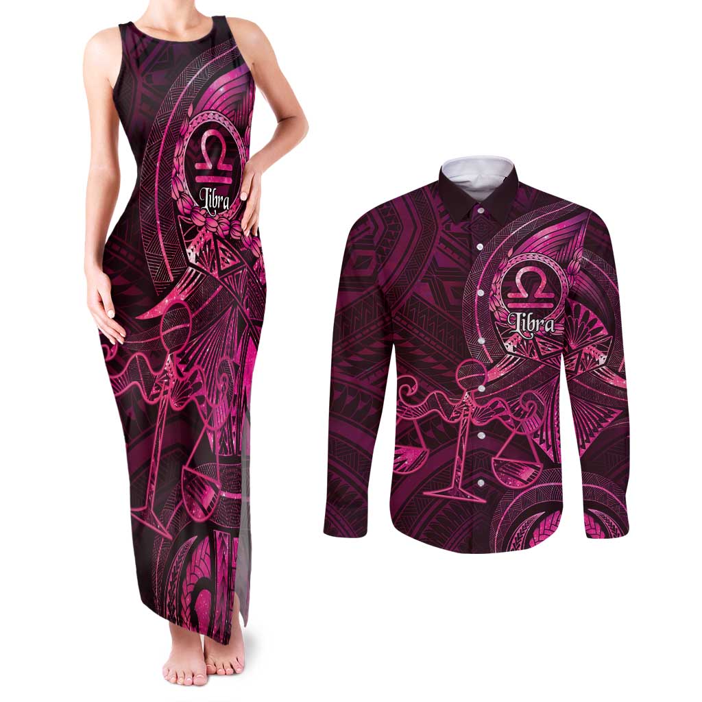 Personalised Polynesia Zodiac Libra Couples Matching Tank Maxi Dress and Long Sleeve Button Shirt Galaxy Polynesian Pattern Chest Tattoo Style LT14 Pink - Polynesian Pride