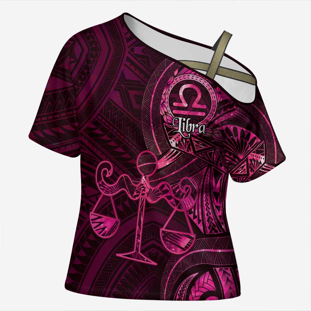 Personalised Polynesia Zodiac Libra Cross Shoulder Shirt Galaxy Polynesian Pattern Chest Tattoo Style LT14 Female Pink - Polynesian Pride