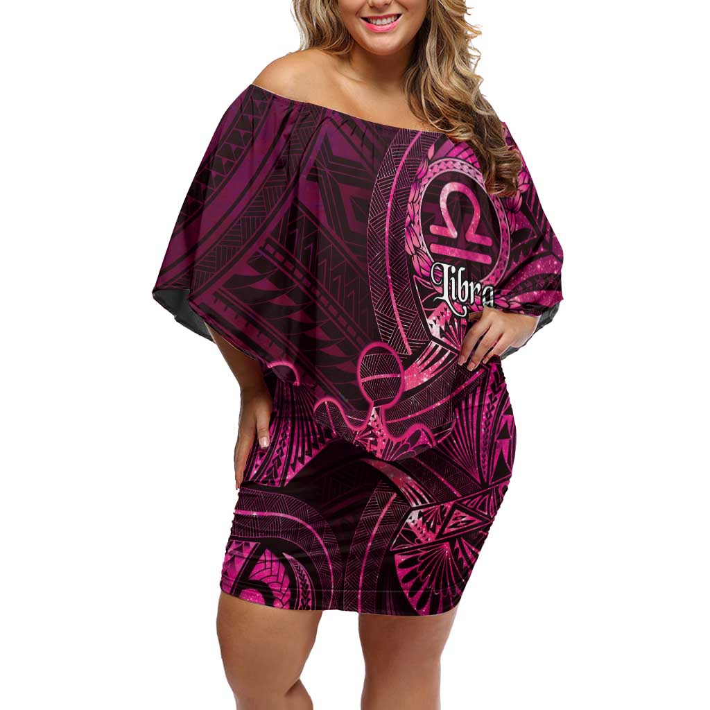 Personalised Polynesia Zodiac Libra Family Matching Off Shoulder Short Dress and Hawaiian Shirt Galaxy Polynesian Pattern Chest Tattoo Style LT14 Mom's Dress Pink - Polynesian Pride