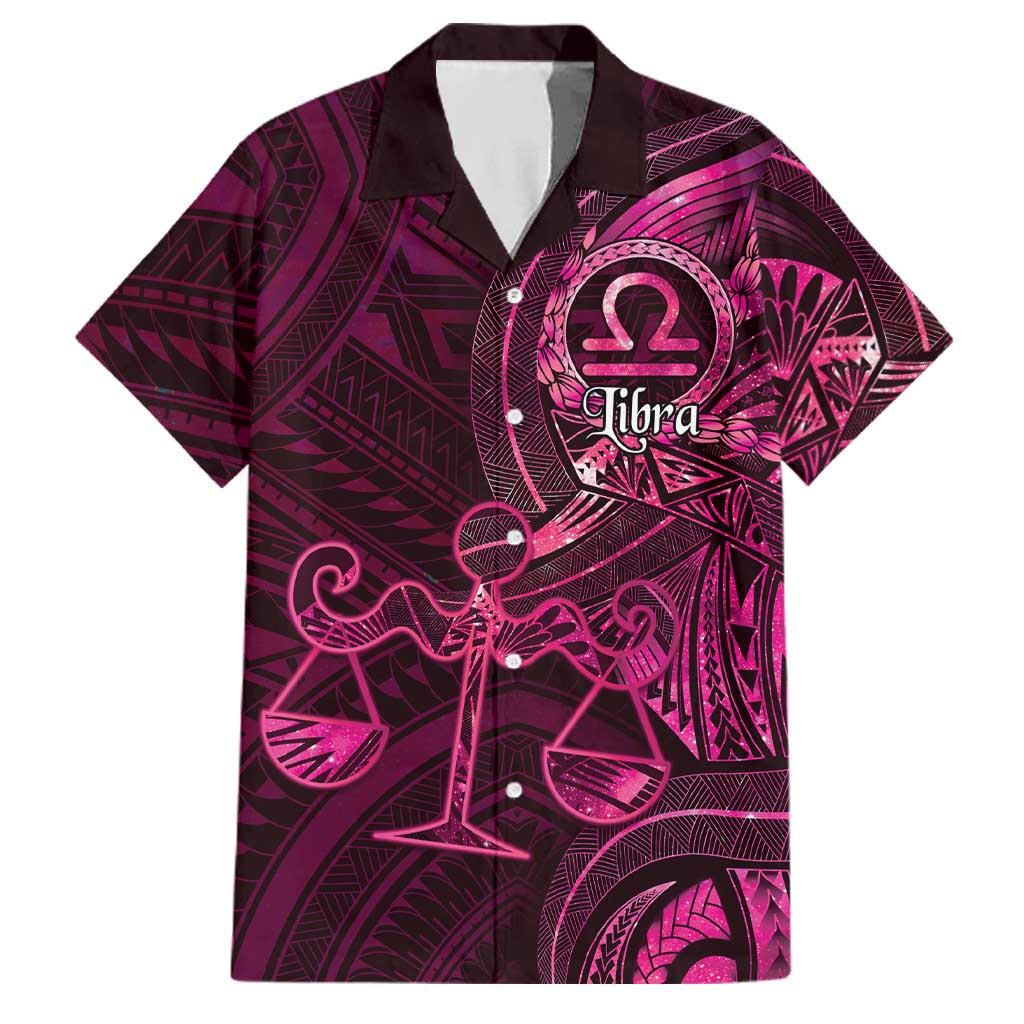 Personalised Polynesia Zodiac Libra Family Matching Puletasi and Hawaiian Shirt Galaxy Polynesian Pattern Chest Tattoo Style LT14 Dad's Shirt - Short Sleeve Pink - Polynesian Pride