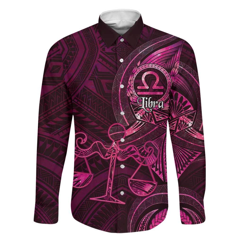 Personalised Polynesia Zodiac Libra Family Matching Puletasi and Hawaiian Shirt Galaxy Polynesian Pattern Chest Tattoo Style LT14 Dad's Shirt - Long Sleeve Pink - Polynesian Pride