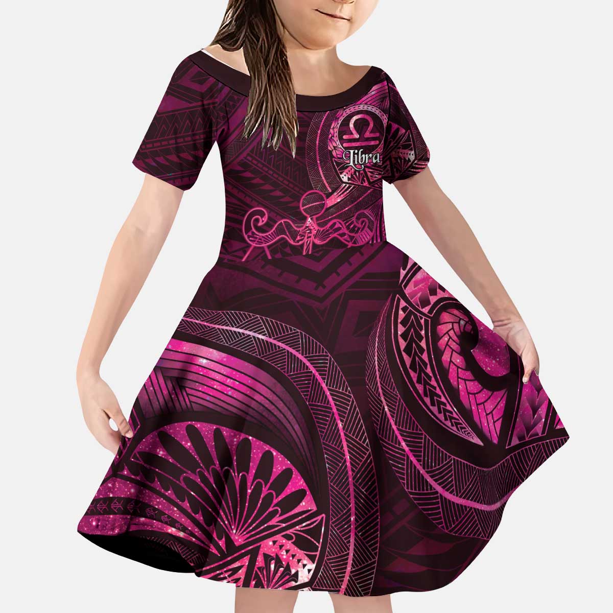 Personalised Polynesia Zodiac Libra Kid Short Sleeve Dress Galaxy Polynesian Pattern Chest Tattoo Style LT14 KID Pink - Polynesian Pride