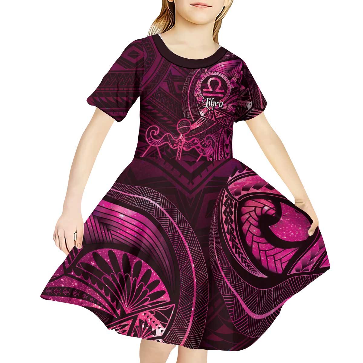 Personalised Polynesia Zodiac Libra Kid Short Sleeve Dress Galaxy Polynesian Pattern Chest Tattoo Style LT14 - Polynesian Pride