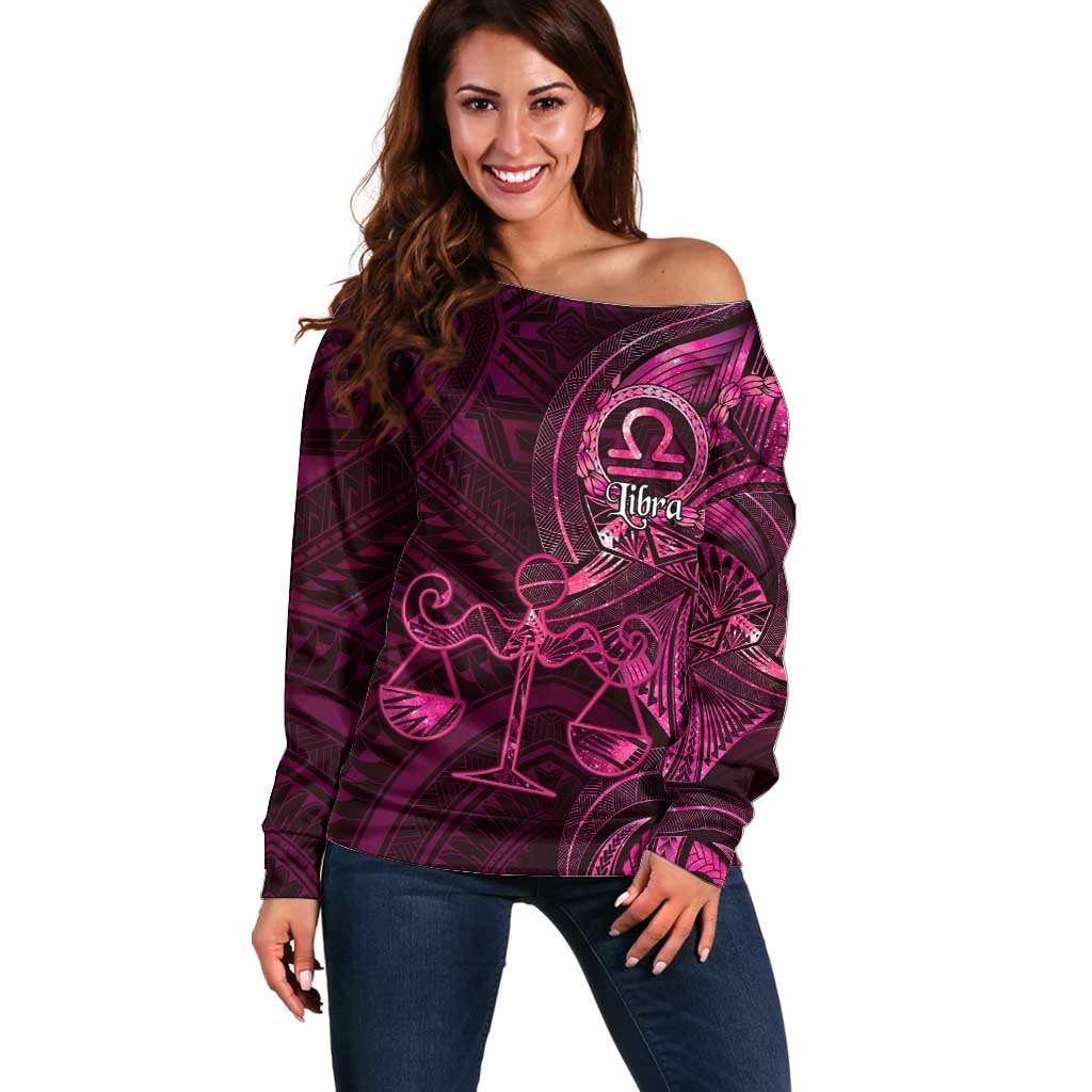 Personalised Polynesia Zodiac Libra Off Shoulder Sweater Galaxy Polynesian Pattern Chest Tattoo Style LT14 Women Pink - Polynesian Pride