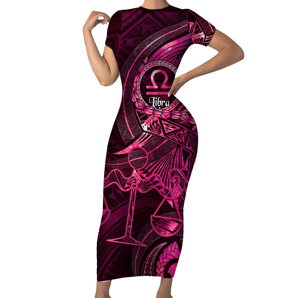 Personalised Polynesia Zodiac Libra Short Sleeve Bodycon Dress Galaxy Polynesian Pattern Chest Tattoo Style LT14 Long Dress Pink - Polynesian Pride
