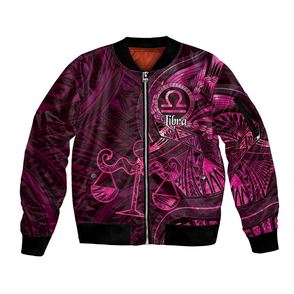 Personalised Polynesia Zodiac Libra Sleeve Zip Bomber Jacket Galaxy Polynesian Pattern Chest Tattoo Style LT14 Unisex Pink - Polynesian Pride