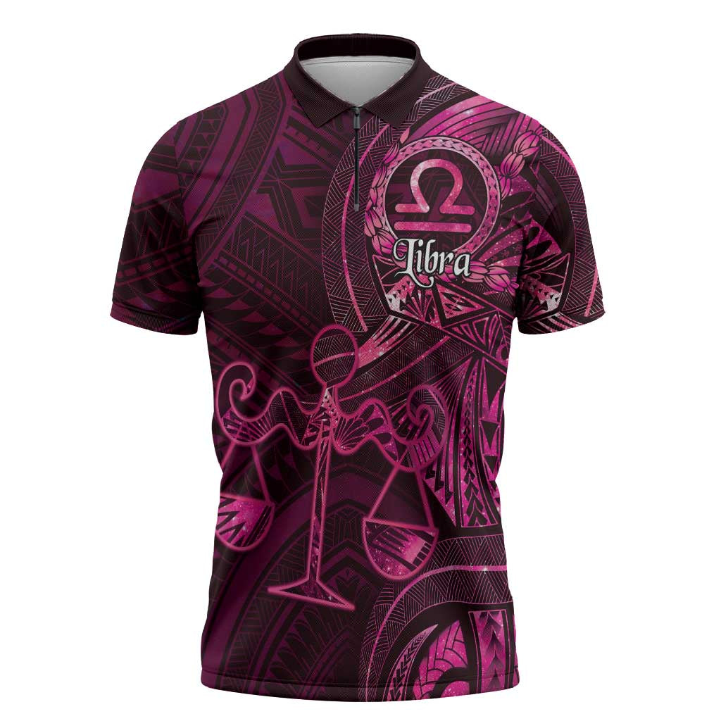 Personalised Polynesia Zodiac Libra Zipper Polo Shirt Galaxy Polynesian Pattern Chest Tattoo Style LT14 Pink - Polynesian Pride