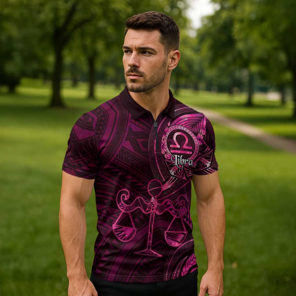 Personalised Polynesia Zodiac Libra Zipper Polo Shirt Galaxy Polynesian Pattern Chest Tattoo Style LT14 - Polynesian Pride