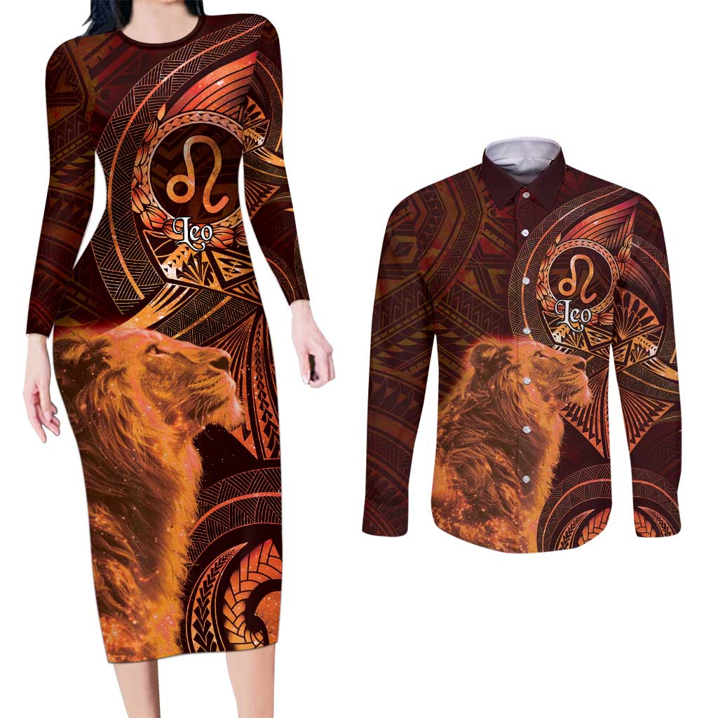 Personalised Polynesia Zodiac Leo Couples Matching Long Sleeve Bodycon Dress and Long Sleeve Button Shirt Galaxy Polynesian Pattern Chest Tattoo Style LT14 Orange - Polynesian Pride