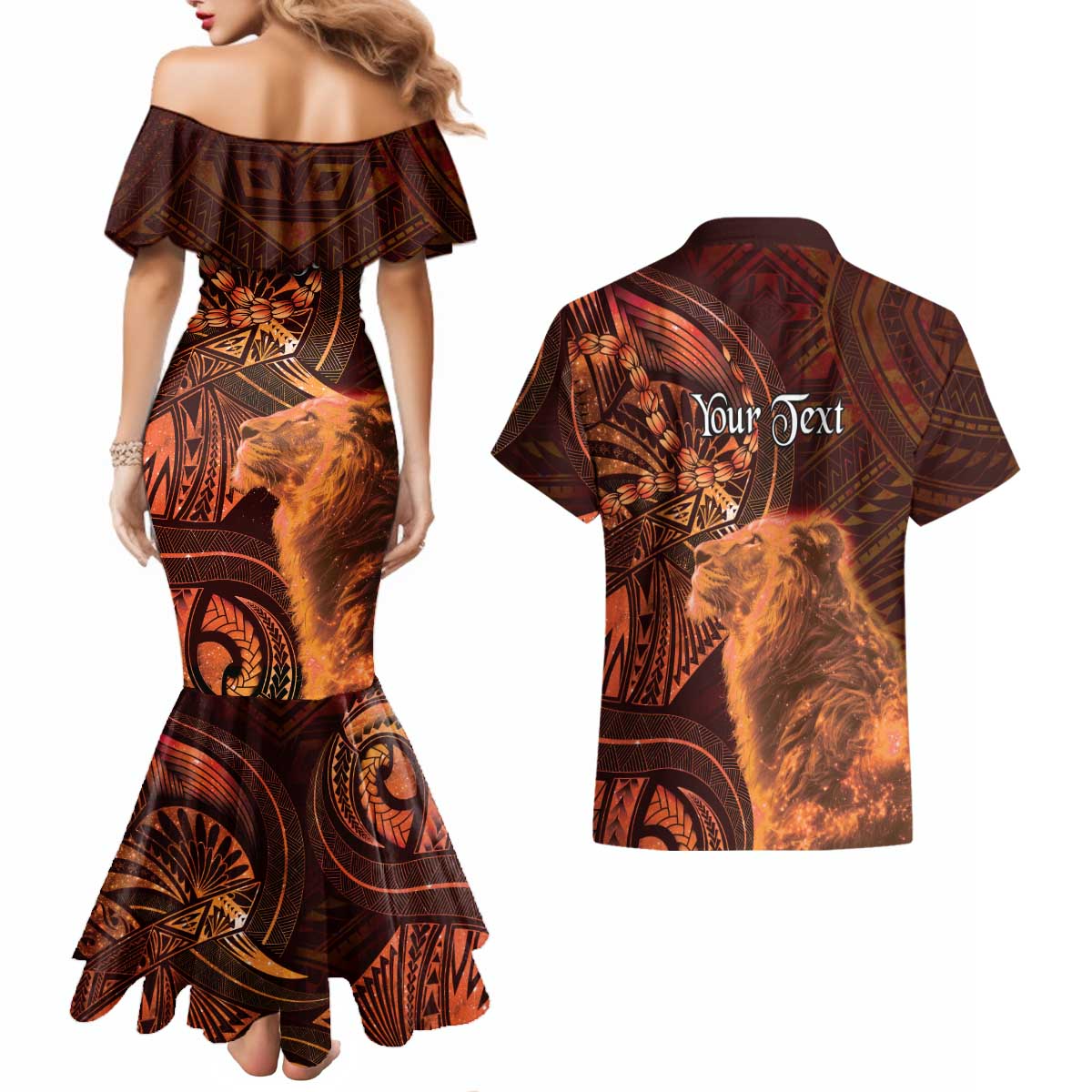 Personalised Polynesia Zodiac Leo Couples Matching Mermaid Dress and Hawaiian Shirt Galaxy Polynesian Pattern Chest Tattoo Style LT14 - Polynesian Pride