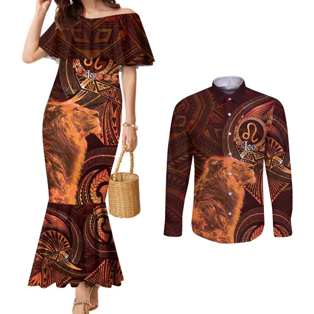 Personalised Polynesia Zodiac Leo Couples Matching Mermaid Dress and Long Sleeve Button Shirt Galaxy Polynesian Pattern Chest Tattoo Style LT14 Orange - Polynesian Pride