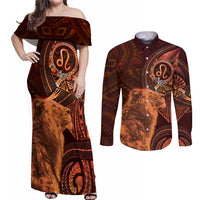 Personalised Polynesia Zodiac Leo Couples Matching Off Shoulder Maxi Dress and Long Sleeve Button Shirt Galaxy Polynesian Pattern Chest Tattoo Style LT14 Orange - Polynesian Pride
