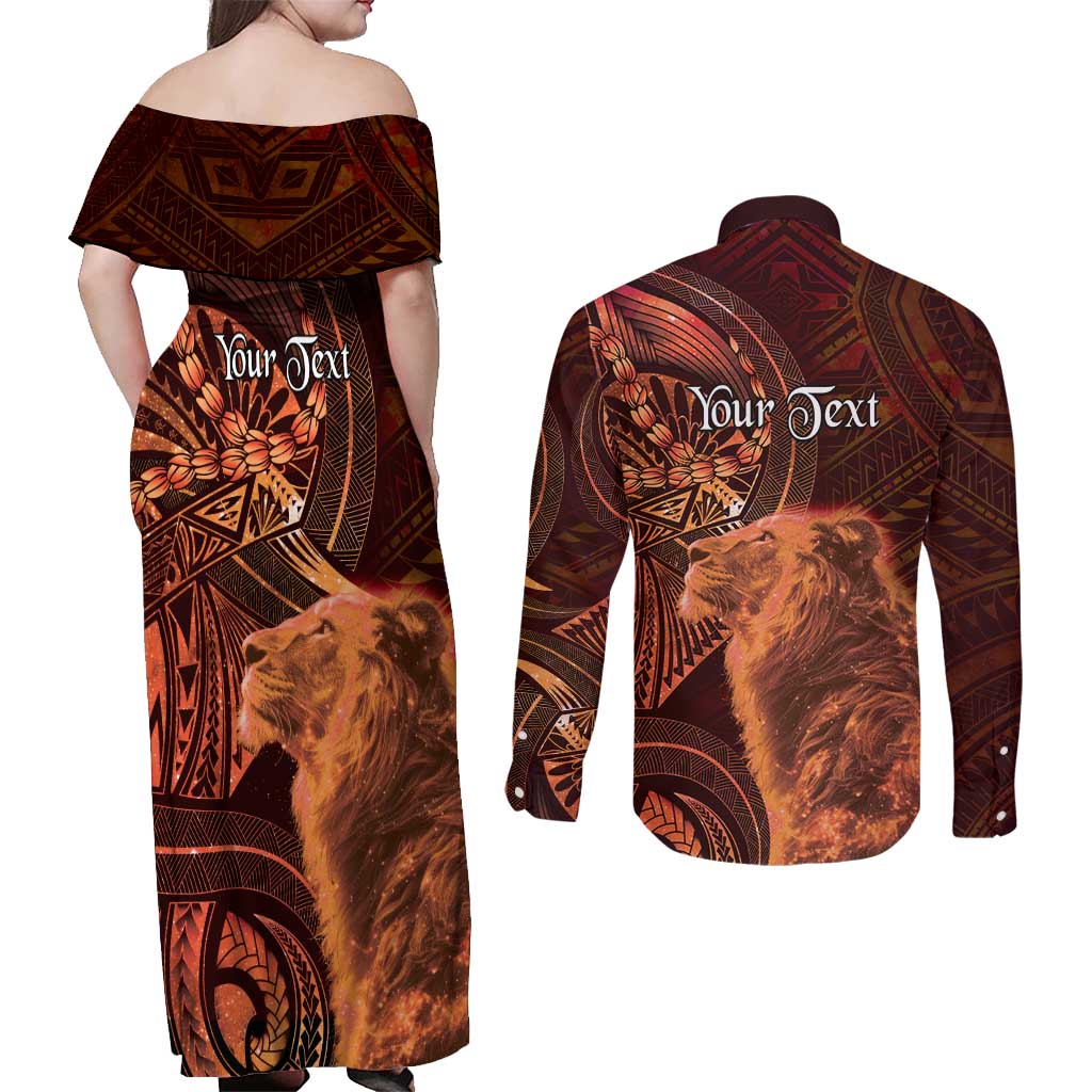 Personalised Polynesia Zodiac Leo Couples Matching Off Shoulder Maxi Dress and Long Sleeve Button Shirt Galaxy Polynesian Pattern Chest Tattoo Style LT14 - Polynesian Pride