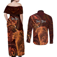 Personalised Polynesia Zodiac Leo Couples Matching Off Shoulder Maxi Dress and Long Sleeve Button Shirt Galaxy Polynesian Pattern Chest Tattoo Style LT14 - Polynesian Pride
