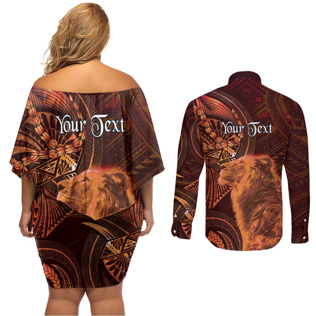 Personalised Polynesia Zodiac Leo Couples Matching Off Shoulder Short Dress and Long Sleeve Button Shirt Galaxy Polynesian Pattern Chest Tattoo Style LT14 - Polynesian Pride