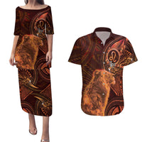 Personalised Polynesia Zodiac Leo Couples Matching Puletasi and Hawaiian Shirt Galaxy Polynesian Pattern Chest Tattoo Style LT14 Orange - Polynesian Pride