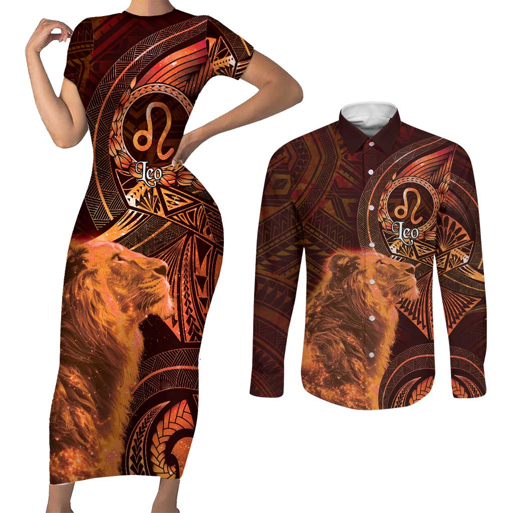 Personalised Polynesia Zodiac Leo Couples Matching Short Sleeve Bodycon Dress and Long Sleeve Button Shirt Galaxy Polynesian Pattern Chest Tattoo Style LT14 Orange - Polynesian Pride