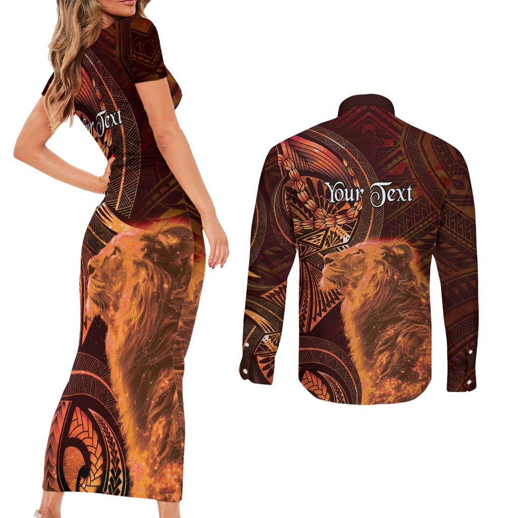 Personalised Polynesia Zodiac Leo Couples Matching Short Sleeve Bodycon Dress and Long Sleeve Button Shirt Galaxy Polynesian Pattern Chest Tattoo Style LT14 - Polynesian Pride