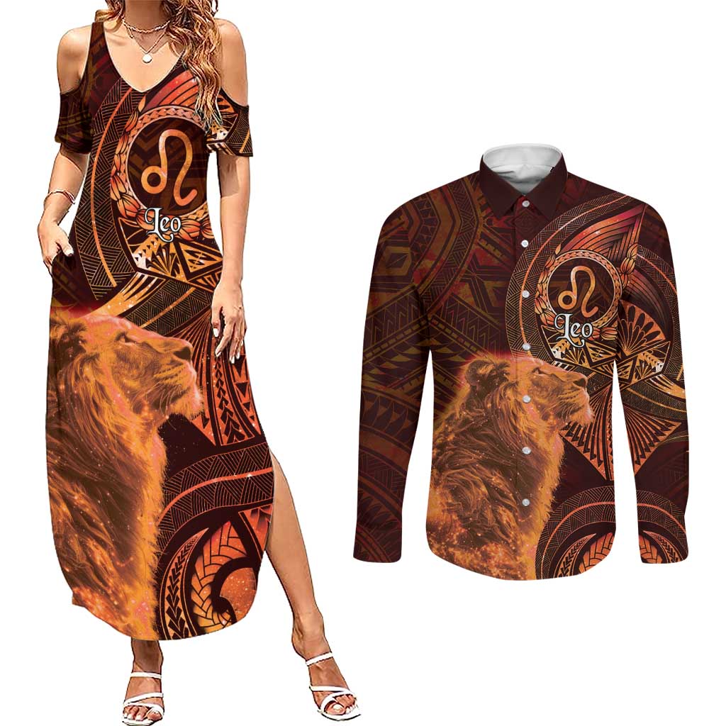 Personalised Polynesia Zodiac Leo Couples Matching Summer Maxi Dress and Long Sleeve Button Shirt Galaxy Polynesian Pattern Chest Tattoo Style LT14 Orange - Polynesian Pride