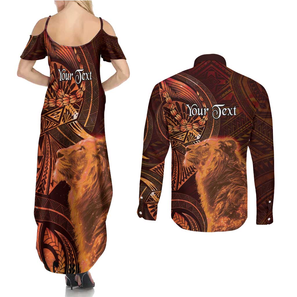 Personalised Polynesia Zodiac Leo Couples Matching Summer Maxi Dress and Long Sleeve Button Shirt Galaxy Polynesian Pattern Chest Tattoo Style LT14 - Polynesian Pride