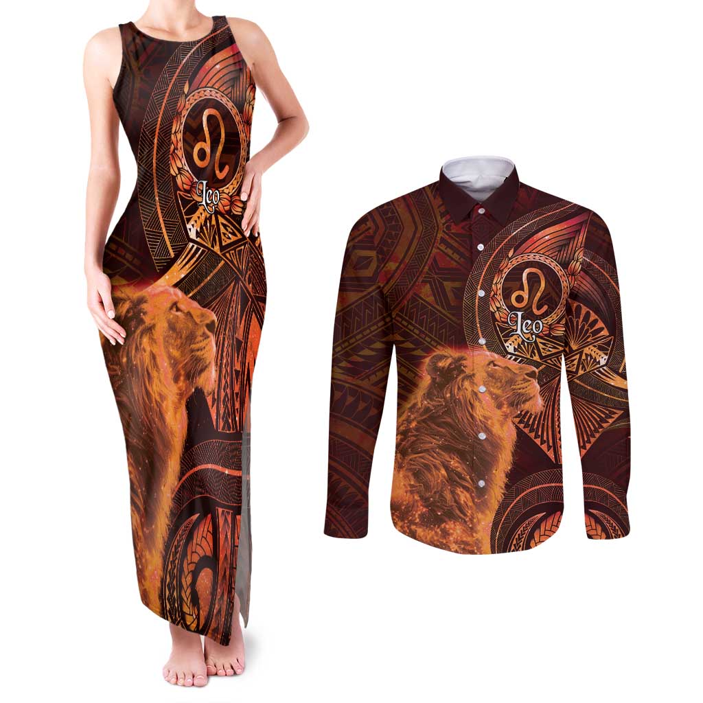 Personalised Polynesia Zodiac Leo Couples Matching Tank Maxi Dress and Long Sleeve Button Shirt Galaxy Polynesian Pattern Chest Tattoo Style LT14 Orange - Polynesian Pride