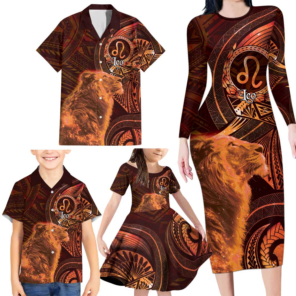 Personalised Polynesia Zodiac Leo Family Matching Long Sleeve Bodycon Dress and Hawaiian Shirt Galaxy Polynesian Pattern Chest Tattoo Style