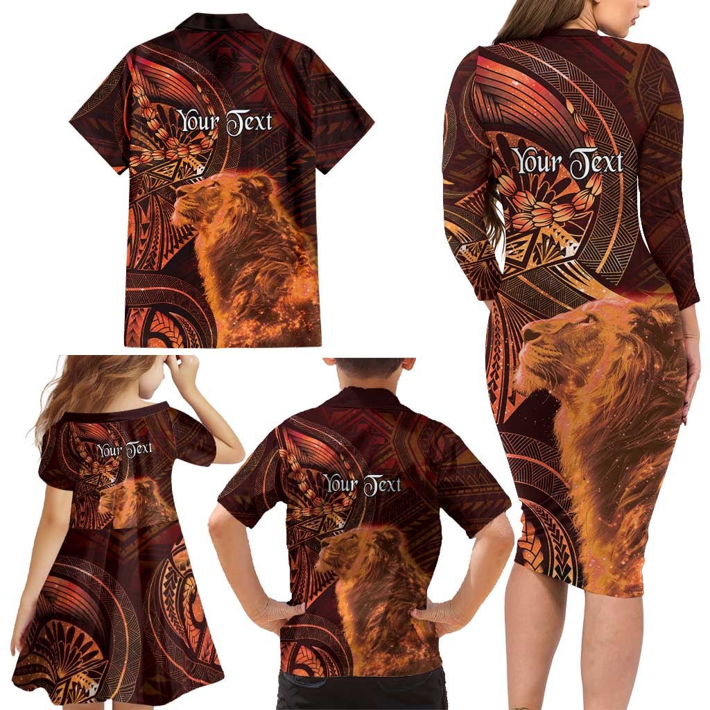 Personalised Polynesia Zodiac Leo Family Matching Long Sleeve Bodycon Dress and Hawaiian Shirt Galaxy Polynesian Pattern Chest Tattoo Style