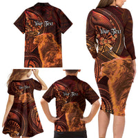 Personalised Polynesia Zodiac Leo Family Matching Long Sleeve Bodycon Dress and Hawaiian Shirt Galaxy Polynesian Pattern Chest Tattoo Style
