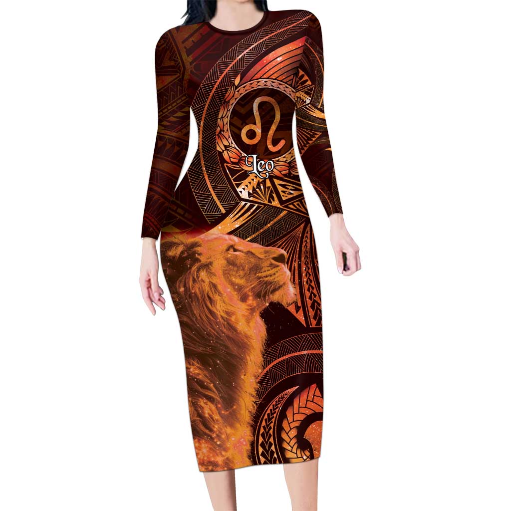 Personalised Polynesia Zodiac Leo Family Matching Long Sleeve Bodycon Dress and Hawaiian Shirt Galaxy Polynesian Pattern Chest Tattoo Style