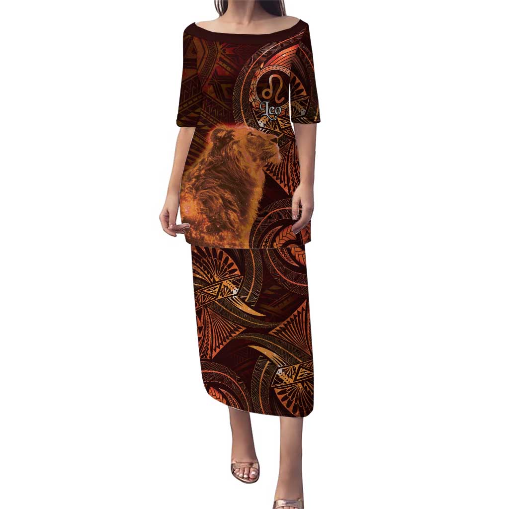Personalised Polynesia Zodiac Leo Family Matching Puletasi and Hawaiian Shirt Galaxy Polynesian Pattern Chest Tattoo Style LT14 Mom's Dress Orange - Polynesian Pride