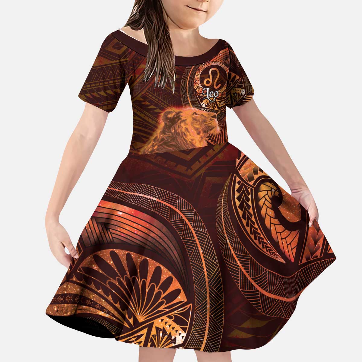 Personalised Polynesia Zodiac Leo Kid Short Sleeve Dress Galaxy Polynesian Pattern Chest Tattoo Style