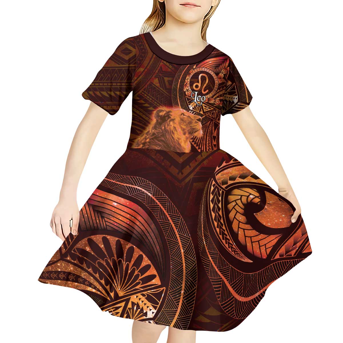 Personalised Polynesia Zodiac Leo Kid Short Sleeve Dress Galaxy Polynesian Pattern Chest Tattoo Style