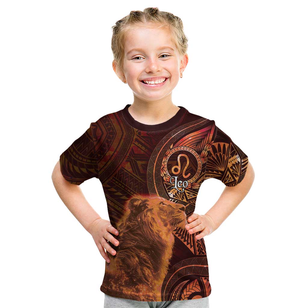 Personalised Polynesia Zodiac Leo Kid T Shirt Galaxy Polynesian Pattern Chest Tattoo Style LT14 Orange - Polynesian Pride