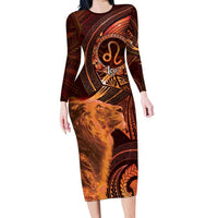 Personalised Polynesia Zodiac Leo Long Sleeve Bodycon Dress Galaxy Polynesian Pattern Chest Tattoo Style LT14 Long Dress Orange - Polynesian Pride