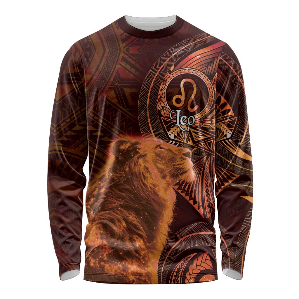 Personalised Polynesia Zodiac Leo Long Sleeve Shirt Galaxy Polynesian Pattern Chest Tattoo Style LT14 Unisex Orange - Polynesian Pride