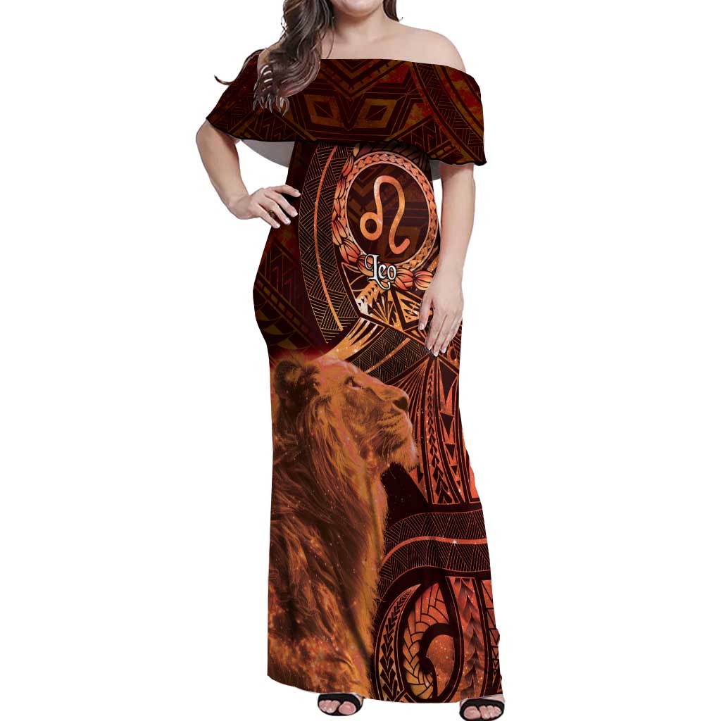 Personalised Polynesia Zodiac Leo Off Shoulder Maxi Dress Galaxy Polynesian Pattern Chest Tattoo Style LT14 Women Orange - Polynesian Pride