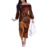 Personalised Polynesia Zodiac Leo Off The Shoulder Long Sleeve Dress Galaxy Polynesian Pattern Chest Tattoo Style LT14 Women Orange - Polynesian Pride