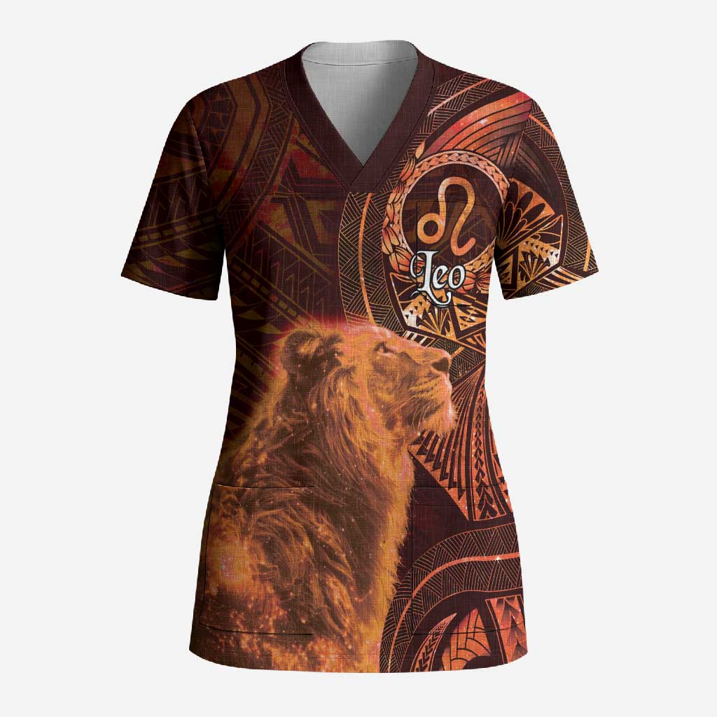 Personalised Polynesia Zodiac Leo Scrub Top Galaxy Polynesian Pattern Chest Tattoo Style LT14 Adult Orange - Polynesian Pride